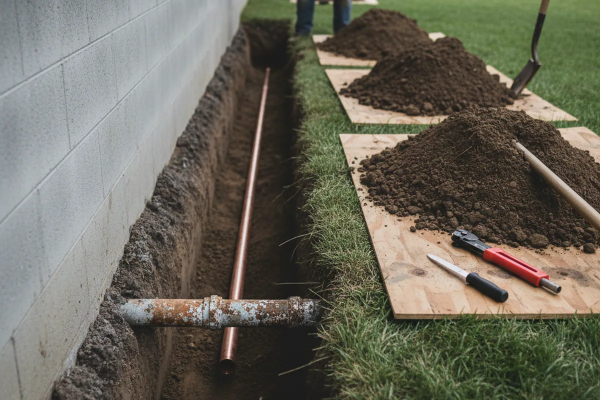 Excavated water line trench during Water Heater Repair in Norcross